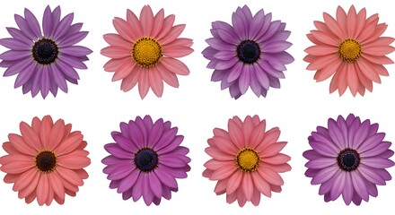Vibrant Collection of Eight Daisy-like Flowers in Pink, Purple, and Coral Hues High-Resolution Images for Design Projects