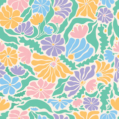 Abstract pastel florals and leaves seamless pattern for wallpaper, nursery prints, bedding, textile, planners, wrapping paper, home decor, packaging, etc. EPS 10
