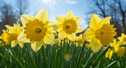 Vibrant Yellow Daffodils Blooming in Sunny Spring Meadow A Close-Up View of Nature's Beauty