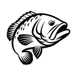 Bold Black and White Silhouette of a Large Mouth Bass Fish Leaping Upward