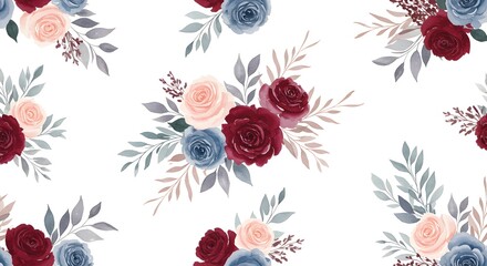 Elegant Watercolor Floral Pattern Burgundy, Blush Pink, and Dusty Blue Roses Seamless Design for Fabric, Wallpaper, and More