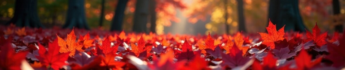 Fototapeta premium Vibrant red maple leaves blanket forest floor , image, colorful leaves
