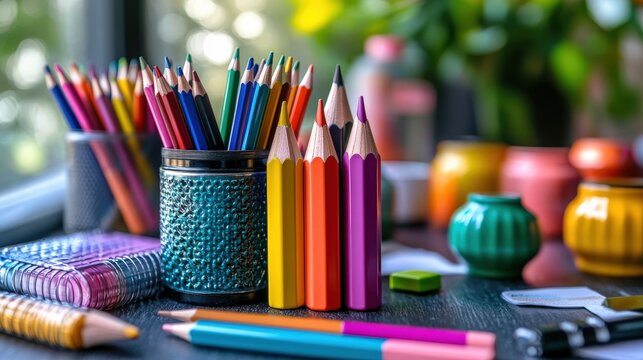 Colorful assortment of art supplies including pencils and paints for creative projects