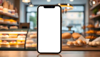 smartphone display, bakery background, pastries, blurred cafe interior, wooden counter, warm lighting, focus on device screen, modern technology, food service environment, digital menu concept