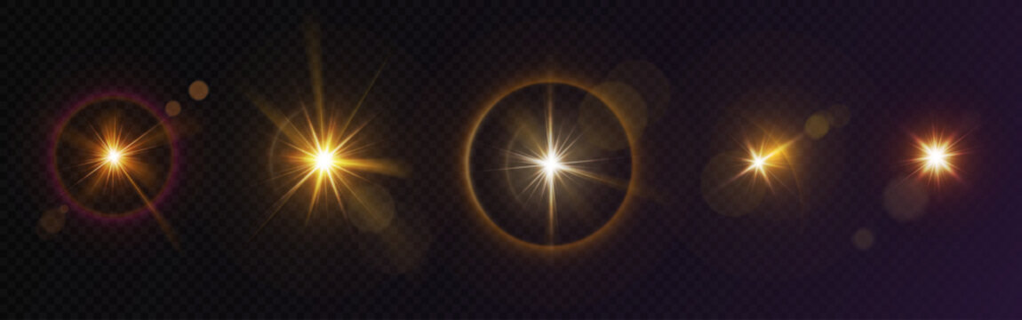 A digital CGI image with five glowing, star-like orbs popping against a dark, textured background. Each orb is a different size, with colors shifting from yellow to a soft orange