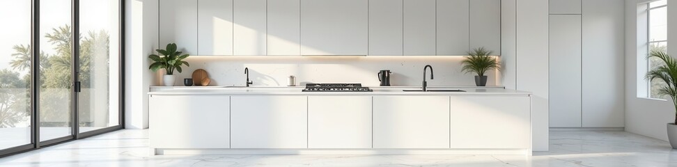 Bright white marble dominates modern studio kitchen , architectural detail, modern, interior design