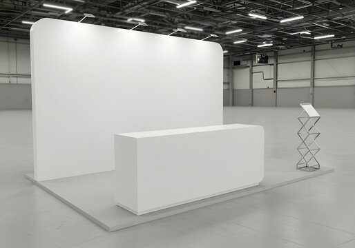 Blank tradeshow booth mockup with counter and brochure holder in large industrial hall setting ready for your design