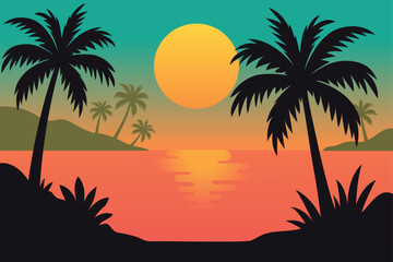 Palm Trees Silhouette on Sea Background at Sunset