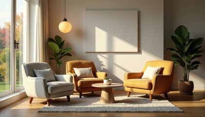 Cozy living room, comfortable armchairs & soft lighting, nursing home, senior care