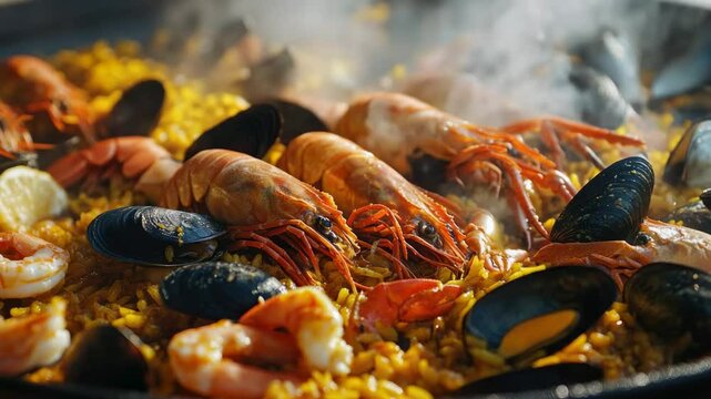 Colorful seafood paella with rice, garlic and saffron. Served hot on plate, ready to be eaten.