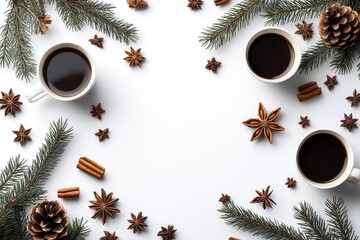 Cozy winter coffee scene with pine, spices