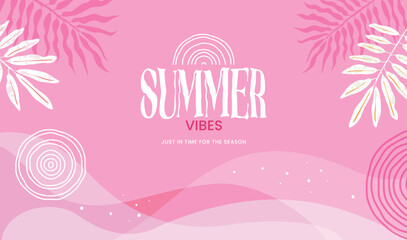 Bright pink summer background with tropical leaves, abstract waves, and playful elements. Perfect for seasonal promotions, invitations, social media, and summer events. Vibrant and fun.