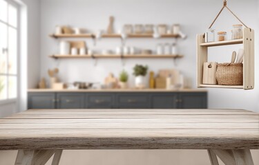 Modern kitchen tabletop with hanging shelves