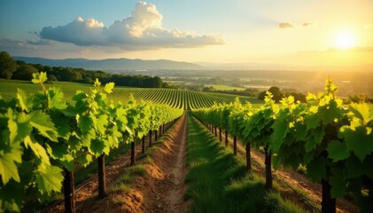Naklejka premium Sun-drenched Freiburg vineyards, rows of vines extending to horizon , wine region, vineyard scenery