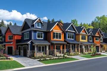 Street view of multiple suburban houses with unique designs and colors under a clear blue sky.