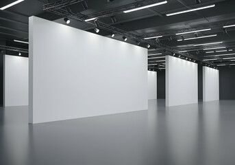Modern gallery interior with empty white canvas exhibition space presentation design mockup template spotlight dark concrete 3D rendering
