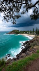 Dramatic Coastal Scene with Turquoise Waters Beachfront Nature Photography Overcast Sky Scenic Viewpoint