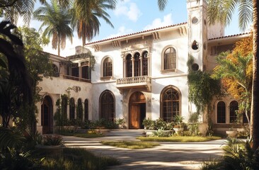 Obraz premium Elegant, sun-drenched mansion in tropical garden