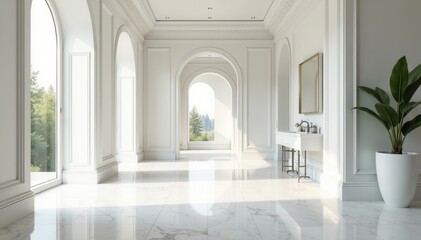 Fototapeta premium Elegant marble tile floor, pristine white walls , clean, architecture, minimal
