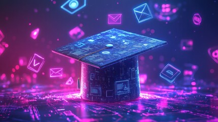 Digital graduation cap with glowing icons, symbolizing modern online education and knowledge