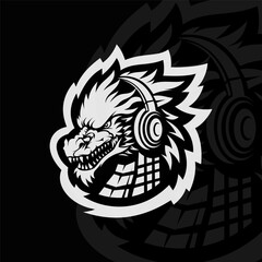 Obraz premium Angry dragon with headphone mascot animal esport illustration character, black white