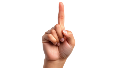 Hand gesture with index finger raised against a clean white backdrop expressing importance and clarity in communication