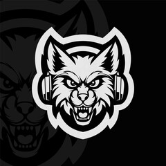 Angry wolf with headphone mascot animal esport illustration character, black white