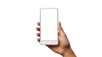Mock-up template showcasing a hand holding a blank white smartphone, ideal for mobile advertising and creative branding concepts