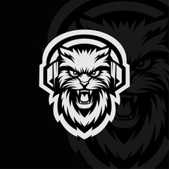 Puma with headphone mascot animal esport illustration character, black white
