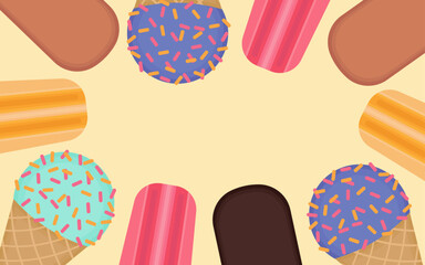 Ice cream frame on yellow background. Vector illustration. Eskimo, waffle cone and fruit ice cream. Horizontal summer banner with space for text. Rectangular flyer for sale and advertising.