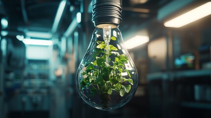 A light bulb filled with vibrant green plants, representing innovation and sustainability.