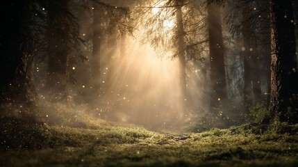 Fototapeta premium Enchanted forest with mist and golden light rays, mossy ground, sparkles in the air, magical atmosphere, central empty space