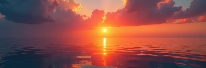 Fototapeta premium Burning orange sunrise ignites tranquil sea, mirrored glow , rays, tropical