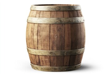 Fototapeta premium A classic wooden barrel, aged and showing its rich wood grain, stands on a white background