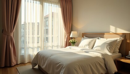 Sunlight streams through sheer curtains onto a neatly made hotel bed , morning light, light, bed