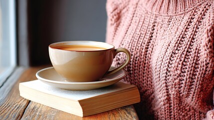 Warmth Cup of beverage on book, by window, alongside comfy sweater