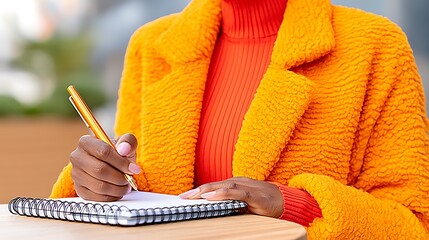 Woman in vibrant orange coat writes in a notebook