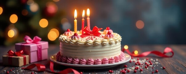 Decorated cake with candles, presents, and ribbons , event, background