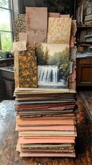 Obraz premium Stacked paper with waterfall picture in browns creams and blues on a distressed wood surface