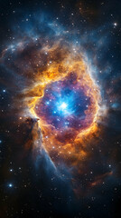 Obraz premium Vivid space nebula with bright center core stars orange gas and blue gas surrounds in dark space