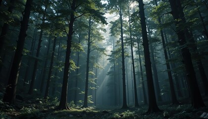 Fototapeta premium Sunbeams Piercing Through Forest Canopy, Creating Atmospheric Li