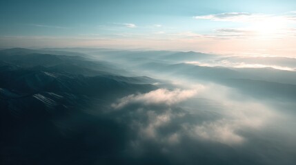 Naklejka premium Aerial cinematic landscape of misty mountains at sunrise with ultra-realistic details, volumetric lighting, and dynamic movement in 4K