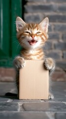 Kitten holding a blank cardboard sign, smiling near a door