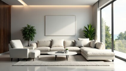 Minimalist living room, sleek furniture, large window, plan, plants