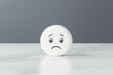 A single pill, with a drawn face, reflecting the state of mind about the feelings of depression and sorrow.