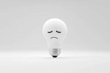 A creative light bulb with sad eyes, symbolizing a lack of inspiration and creative block. The minimalist, contemporary design conveys feelings of depression, sadness, or the absence of ideas.