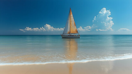 Obraz premium Sailboat rests on the clear blue waters near shore with fluffy clouds in the bright blue sky