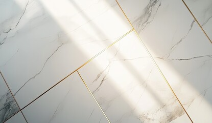 Sunlight streams across elegant white marble tiles with gold grout lines