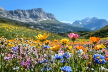 Fototapeta premium Vibrant wildflowers create a colorful tapestry in a mountain meadow, celebrating the arrival of spring