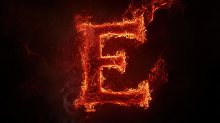 Fiery letter E, burning alphabet, dark background, abstract design, graphic design
